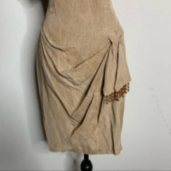 Scarlett Rare 70s Vintage Tigh Length Faux Wrap Beaded Ruching Dress - Picture 8 of 14